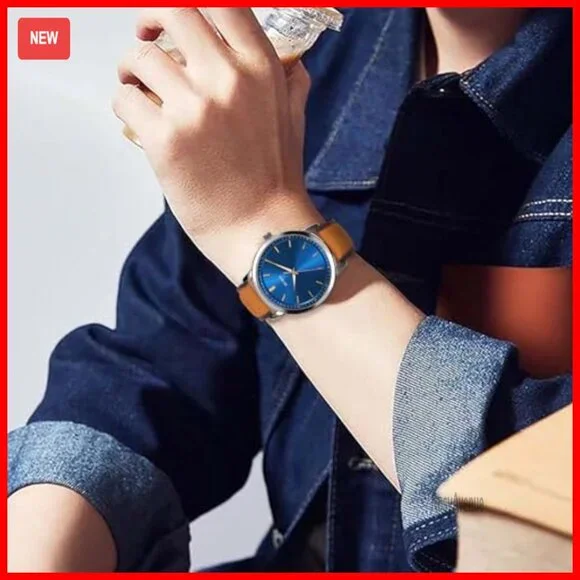 Men's Brown Leather Dress Watch Minimalist Slim Case Analog Quartz